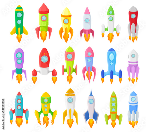 Cute space rockets start up set. Innovation, development symbol cartoon vector illustration