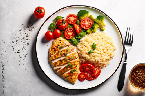 plate of chicken fillet with sliced ​​tomatoes, rice and salad. Healthy food, diet, lunch concep, generative ai