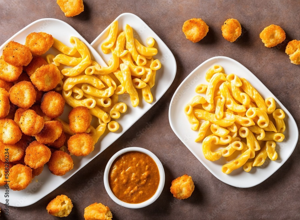 fried chicken nuggets with mac and cheese, cheese and tomato sauce. fried chicken nuggets with mac and cheese, cheese and tomato sauce.
