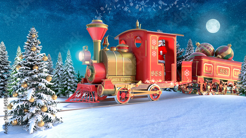Santa's Christmas Express speeds through the snowy night forest. 3d rendering