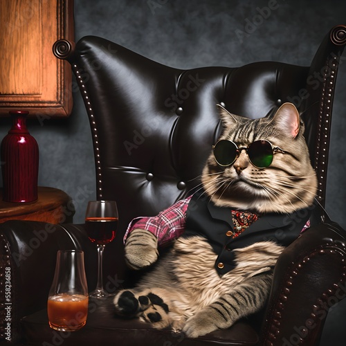 Fototapeta A lazy grayish tomcat sits on a leather chair wearing a shirt and green lenon sunglasses and sips a drink