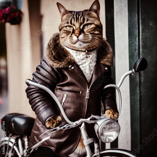 A handsome macho tomcat dressed in a stylish classic men's brown motorcycle leather jacket poses against the backdrop of his motorcycle. Generative ai illustration. Creative digital painting