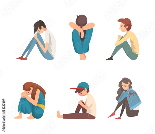 Depressed teenagers sitting on floor set. Unhappy stressed teenage boys and girls. Stress, lonely, bullying concept cartoon vector illustration