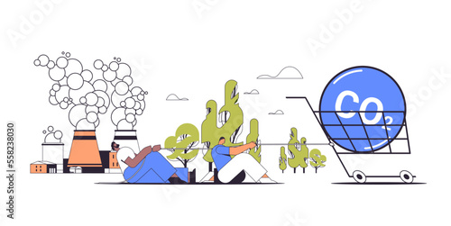 businesspeople pulling trolley cart with CO2 sign responsibility of co2 emission environment strategy concept