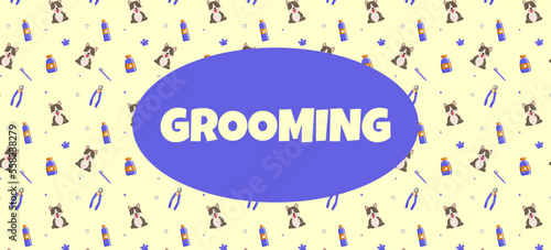 pattern for a grooming salon with an inscription in the center Grooming. Blue colors. Vector illustration