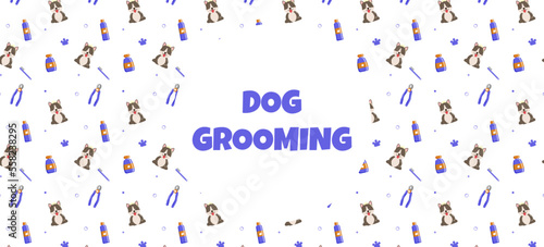 pattern for a grooming salon with an inscription in the center Grooming. Blue colors. Vector illustration
