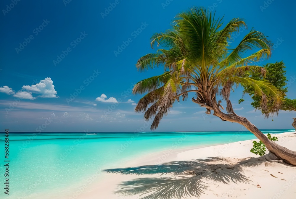 Palm trees against blue sky, tropical coast with mountains on a background, ocean, sea with turquoise water. Summertime.