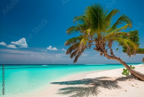 Palm trees against blue sky, tropical coast with mountains on a background, ocean, sea with turquoise water. Summertime. © Sirius1717