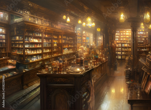 The interior of an old fashioned 19th century Chemists shop with goods and products displayed on shop counters and stacked on shelves illuminated by warm lights, generative ai illustration.