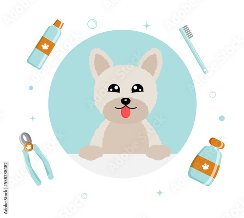 Banner group of cute dog tools and supplies in flat vector style. pet care illustration for content, label, banner, graphic and greeting card. Vector illustration