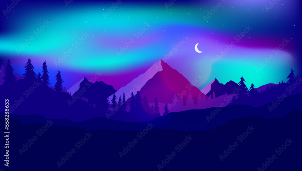 Northern light landscape illustration - Mountain and forest nature at night with aurora borealis lights in sky, moon and cold beautiful atmosphere