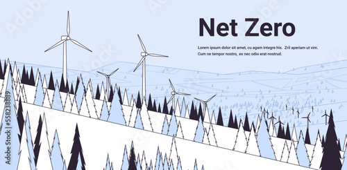Wind turbines on hill energy renewable station waste free world clean power net zero concept