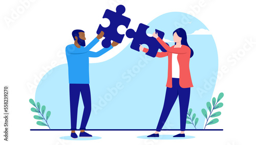 Connecting jigsaw puzzle pieces - Two business people, man and woman solving problem easy and efficient. Flat design vector illustration with white background