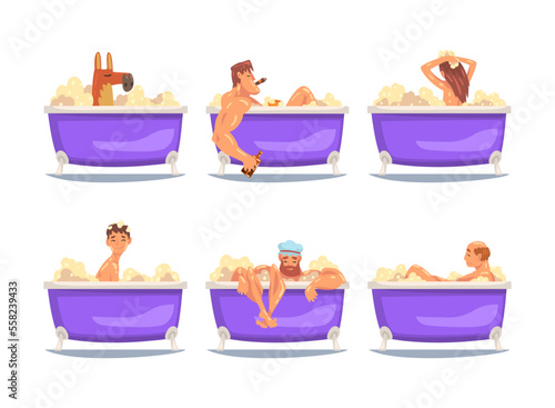 People and animals taking bath. Funny characters relaxing in foam bathtub cartoon vector illustration