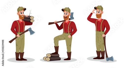 Vector illustration of a woodcutter isolated on white background. Woodcutter cartoon character with ax and firewood with different emotions and poses.
