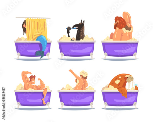 People and animals taking bath. Funny male and female characters, horse and sea lion relaxing in foam bathtub cartoon vector illustration