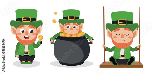 Vector illustration of cute and beautiful leprechaun in cartoon style.Charming characters, funny leprechaun with coin,peeking over a pot of gold, sitting on a swing.Happy St. Patricks Day