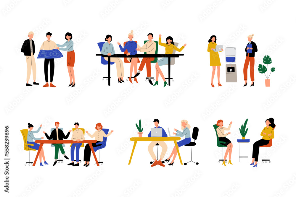 Business people working in office together set. Group of office employees working on project, brainstorming, communicating cartoon vector illustration