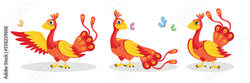 Vector illustration of cute and beautiful firebird in cartoon style. Charming firebird characters with butterflies and different poses and emotions isolated on white background.