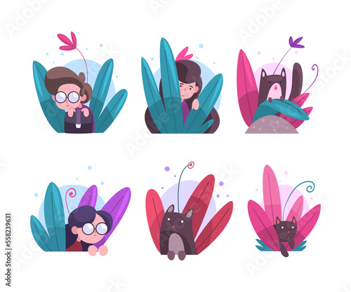 Cute kids and cats peeking out from bushes set. Lovely kids hiding in dense grass cartoon vector illustration