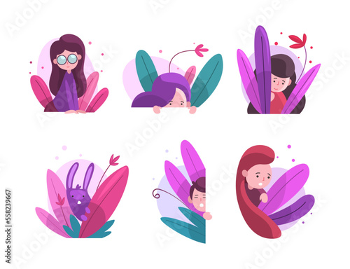 Cute kids and purple rabbit peeking out from bushes set. Lovely kids hiding in dense grass. Kids imagination concept cartoon vector illustration