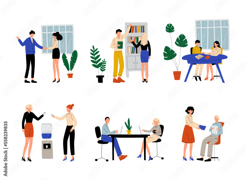 People working in office together set. Business team working on project, brainstorming, communicating cartoon vector illustration People working in office together set. Business team working on project, brainstorming, communicating cartoon vector illustration