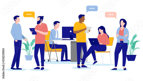 People at work talking - Office with businesspeople discussing, having conversations and working. Flat design vector illustration with white background