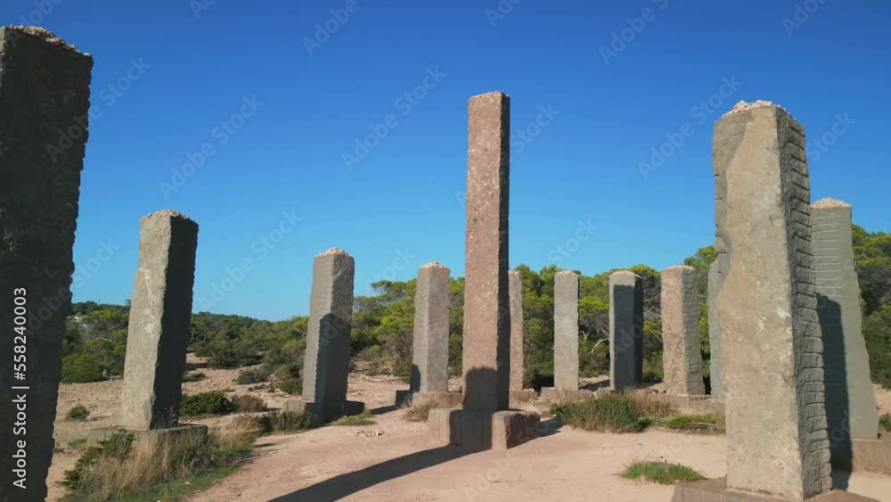 Stone column sundial. Nice aerial view flight drone of ibiza Llentia Stone column sundial. Nice aerial view flight drone of ibiza Llentia