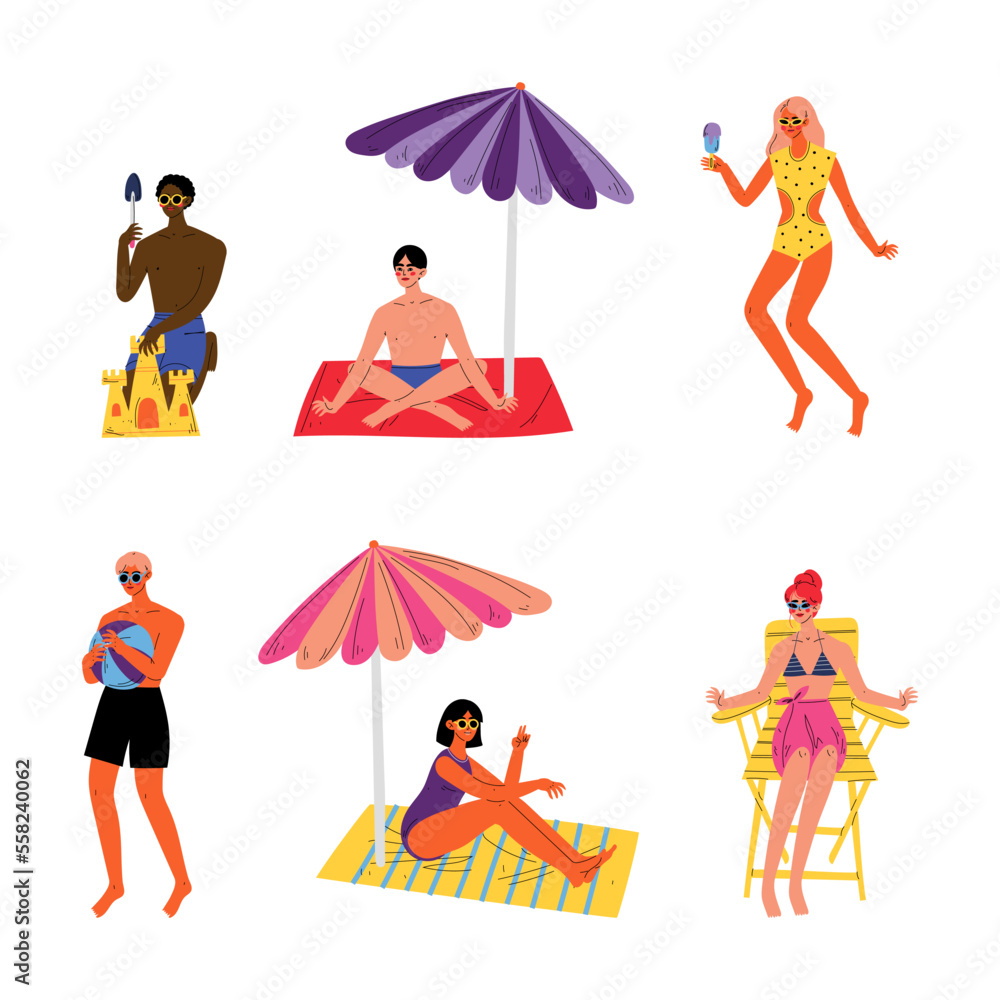 Fototapeta premium People performing summer leisure outdoor activities at beach set. Young men and women sunbathing, eating ice cream, playing ball cartoon vector illustration