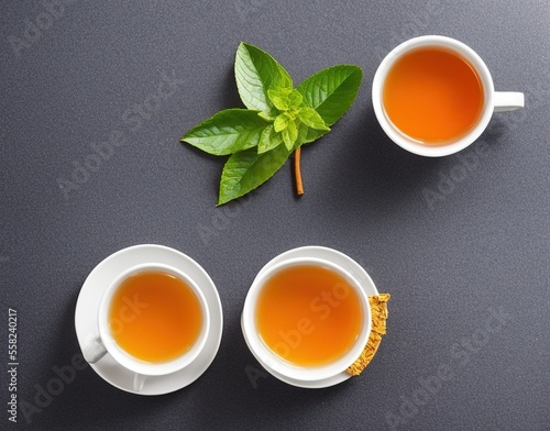 cup of tea with green leaves on wooden background