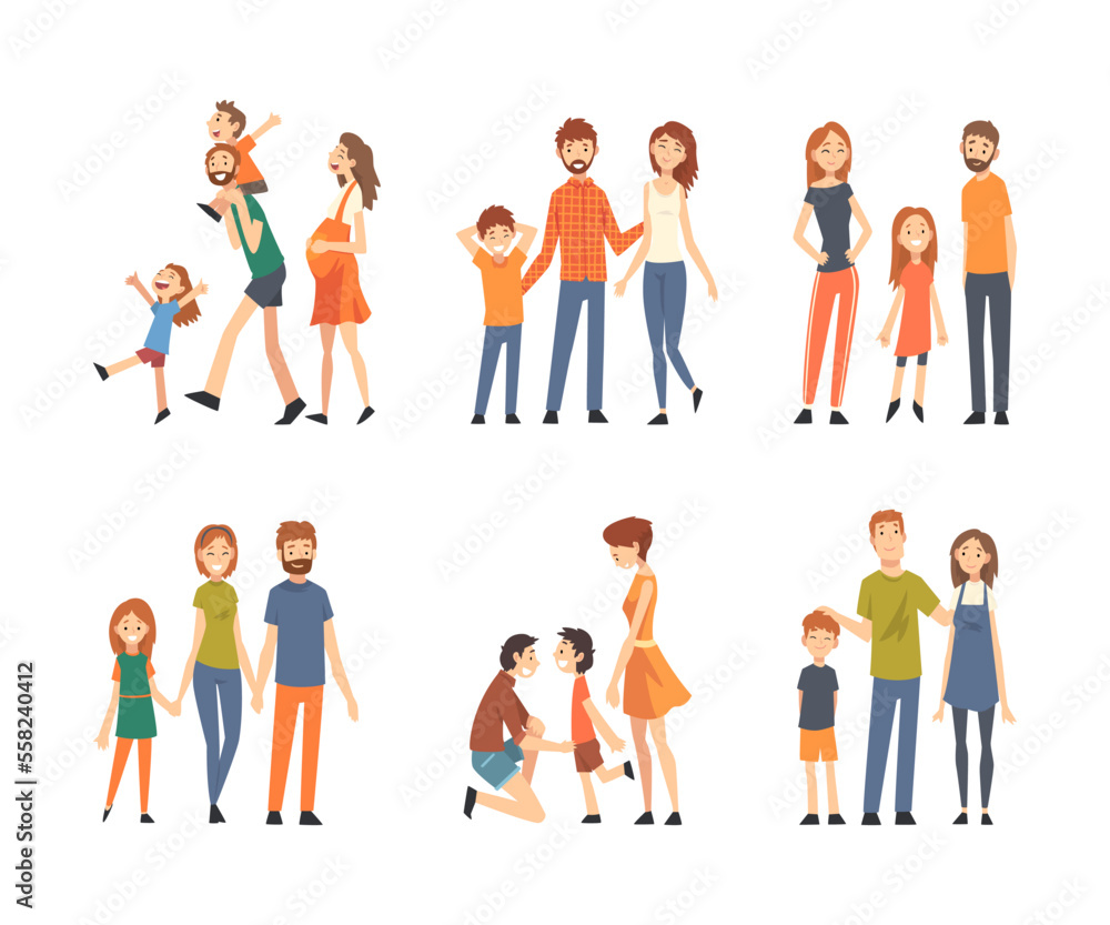 Set of happy traditional families with children. Smiling parents and kids cartoon vector illustration