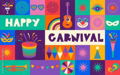 Happy Carnival, colorful geometric background with splashes, speech bubbles, masks and confetti 