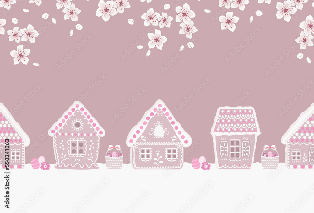 Easter seamless border. Gingerbread village. Spring landscape. Pink gingerbread houses, blooming branches trees, eggs, Easter egg baskets on pink background. Greeting card template. Vector
