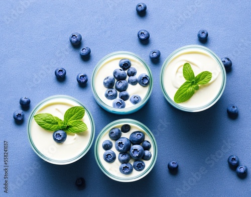 yogurt with fresh blueberries and mint on a blue background. top view.