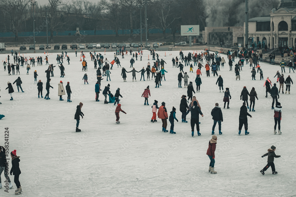 Obraz premium Budapest, Hungary - 2021: The City Park Ice Rink located in the City Park of the Hungarian capital Budapest, between the Heroes' Square and the Vajdahunyad Castle. Opened in 1870.