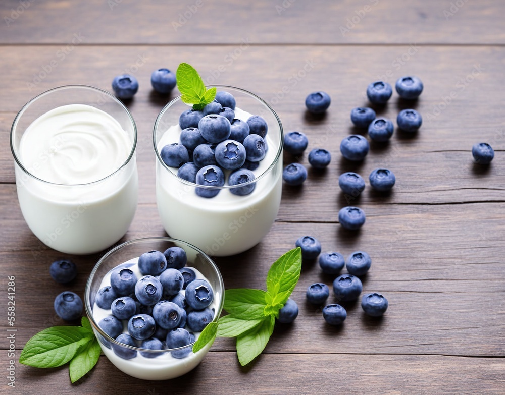 yogurt with fresh blueberries and mint on a blue background. top view. yogurt with fresh blueberries and mint on a blue background. top view.