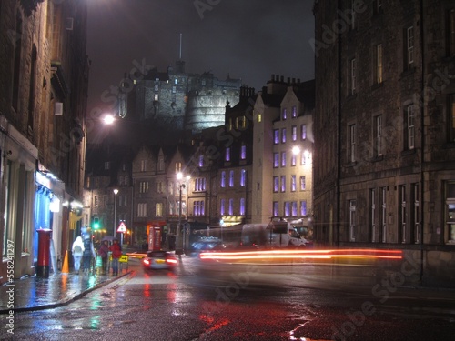 Edinburgh Castle by night, as seen from Grassmarket, Old Town, Edinburgh.