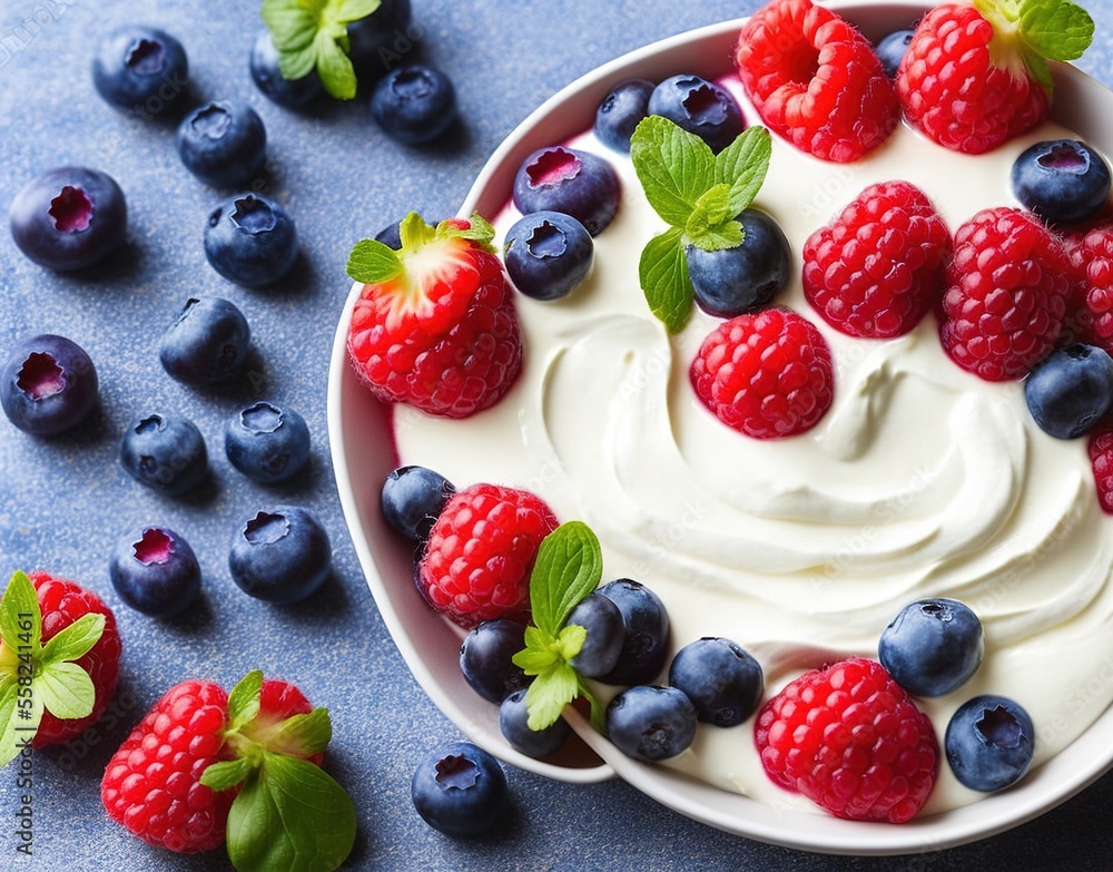 yogurt with fresh blueberries and mint on a blue background. top view. yogurt with fresh blueberries and mint on a blue background. top view.