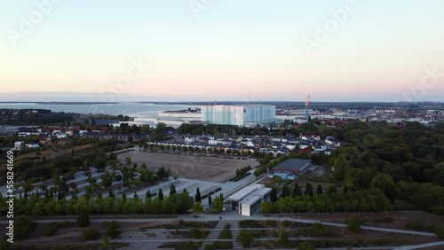 dockyard building. Spectacular aerial view flight drone Wismar buga Area photo