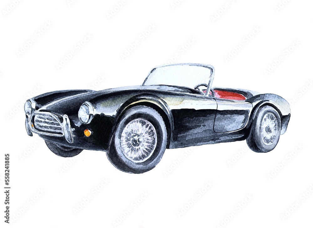Lacquered black shiny convertible. Sports car. Watercolor on a white background.