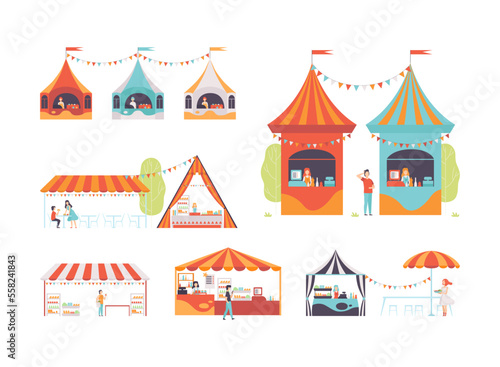 Outdoor striped tents, stalls, with sellers and buyers for summer fair or street market festival cartoon vector