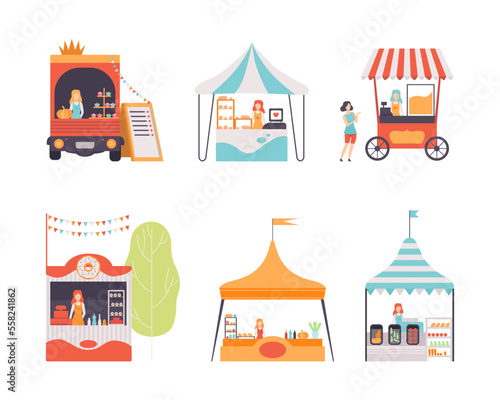 Outdoor stalls, carts, tents for summer street fair or street market festival cartoon vector illustration
