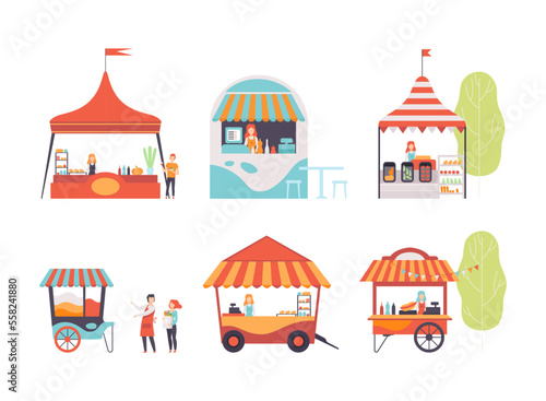 Outdoor stalls, carts, tents with seller for summer fair or street market festival cartoon vector illustration