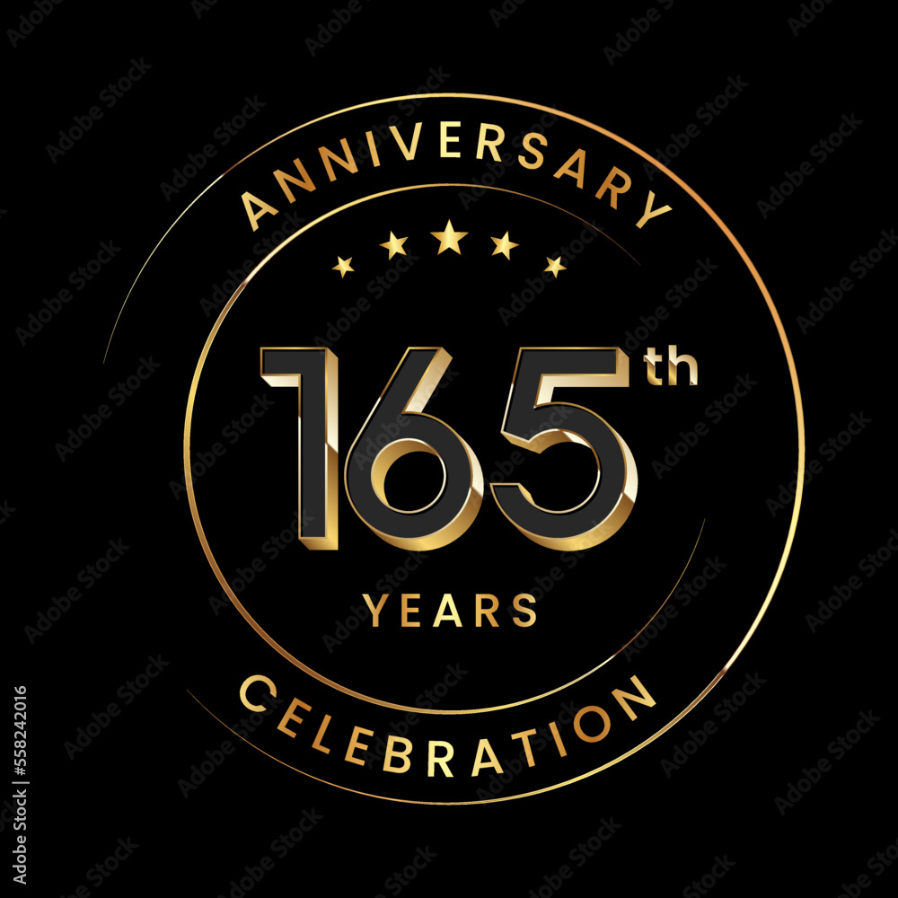 165th Anniversary. Anniversary logo design with gold color ring and text for anniversary celebration events. Logo Vector Template
