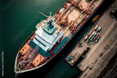 Aerial view of cargo maritime ship in port. Generative AI.