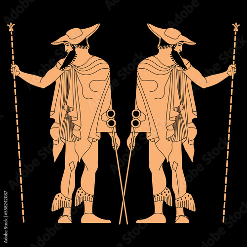 Symmetrical design with ancient Greek god Hermes or Mercury. Vase painting style.