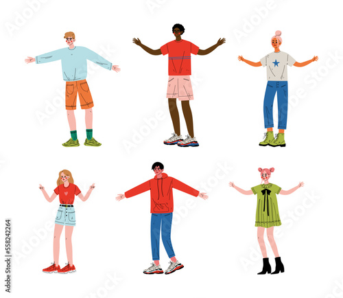 Young people standing with wide open arms set. Guys and girls in modern casual clothes spreading their arms. Welcoming posture, solidarity, friendship cartoon vector illustration