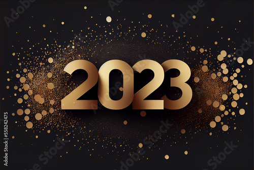 2023 Typography with a abstract and black and golden glittery background for New Year, Generative AI