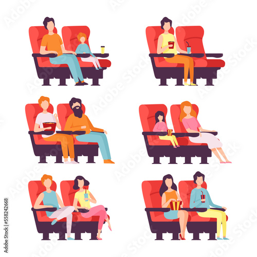 People sitting in red chairs in cinema hall. Visitors watching movie with popcorn buckets and drinks flat vector illustration