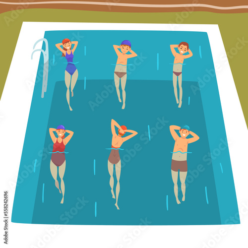 Cheerful people doing aqua aerobics in swimming pool. Male and female character exercising in water cartoon vector illustration